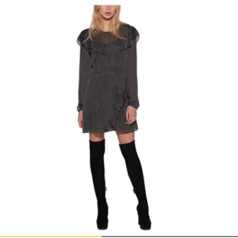 Avec Les Filles Black White Clip Dot Ruffle Mini Dress Long Sleeve Size 4